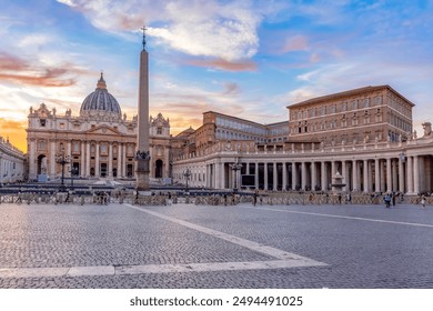 St. Peter's basilica in Vatican at sunset, center of Rome, Italy (translation "In honor of prince of Apostles; Paul V Borghese, Pope, in year 1612 and 7th year of his pontificate) - Powered by Shutterstock