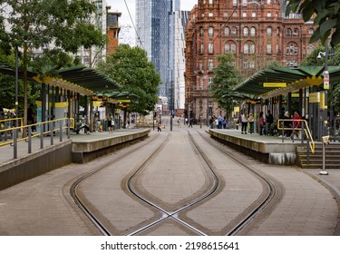 St Peters Square Tramlink Station In Manchester - MANCHESTER, UNITED KINGDOM - AUGUST 15, 2022