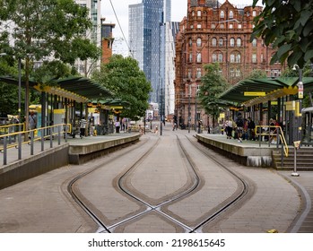 St Peters Square Tramlink Station In Manchester - MANCHESTER, UNITED KINGDOM - AUGUST 15, 2022