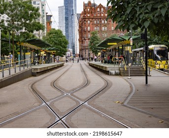 St Peters Square Tramlink Station In Manchester - MANCHESTER, UNITED KINGDOM - AUGUST 15, 2022