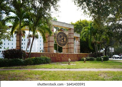 ST PETERSBURG, FL -24 JAN 2020- View Of A Sign At The Entrance Of The Campus Of The University Of South Florida In St. Pete, Florida, United States.