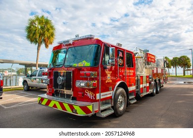 ST. PETERSBURG, FL, USA - JAN. 26, 2019: Fire truck of St. Petersburg Fire Rescue department on duty at Municipal Marina in downtown St. Petersburg, Florida FL, USA. 