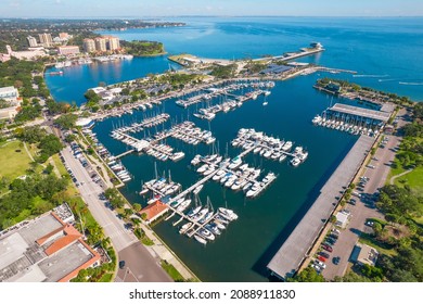 St Petersburg Florida City Downtown. State Florida. Gulf Of Mexico. Panorama Of St Pete FL Pier And Park. View On Dock For Sailboat, Yacht Or Boat Parking. Aerial Photography
