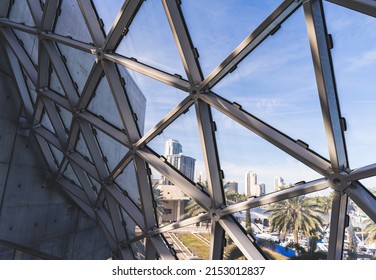 St. Petersburg, Florida January 14, 2021: View Of Downtown St. Petersburg Florida From Atrium Of Dali Museum. Modern Glass Windows And Skyline Against Blue Sky