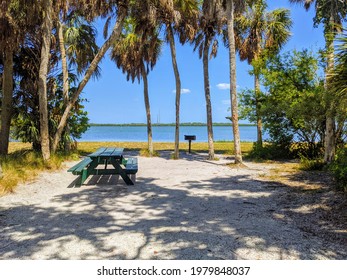 ST PETERSBURG, FLORIDA - MAY 23, 2021:  An Empty Waterfront Camp Site For Rv's And Tents At Fort Desoto Park Campground, St. Petersburg Florida