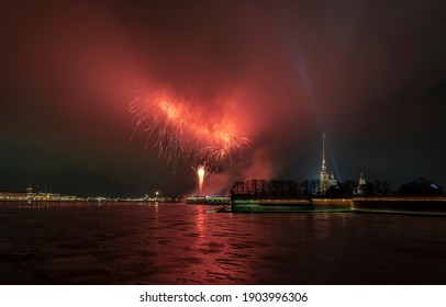 St. Petersburg January 27, 2021. Fireworks in honor of the 77th anniversary of the complete lifting of the blockade of Leningrad - Shutterstock ID 1903996306
