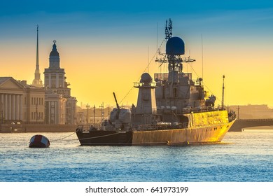 St. Petersburg. Neva. Warships. Holiday Of The Russian Navy.