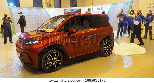 St Petersburg , Russia -12.17.2020: Peter the\
Great Polytechnic University  presentation of a running\
pre-production model  KAMA-1 electric car vehicle  decigned with\
digital twin technology