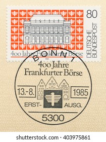 ST. PETERSBURG, RUSSIA - APR 10, 2016: A Postmark Printed In Berlin, Germany, Shows Frankfurt Stock Exchange, 400th Anniv. Bourse, Est. 1879, And Frankfurt Eagle, The Exchange Emblem, Circa 1985