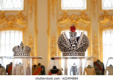 St. Petersburg, Russia - Apr 12, 2017 : Big Imperial Crowns used for the movie props in Russian Matilda (2017 film) displayed at Catherine palace. These are film props only not the real crowns.