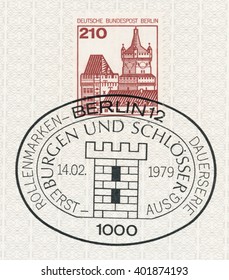 ST. PETERSBURG, RUSSIA - APR 6, 2016: A first day of issue postmark printed in Berlin, Germany, shows tower Schwanenburg Kleve, circa 1989