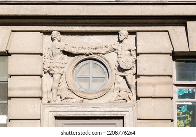 St. Petersburg, Russia - August 08, 2018: Bas-relief With A Masonic Handshake On The Front Of The House On Fontanka Embankment In St. Petersburg