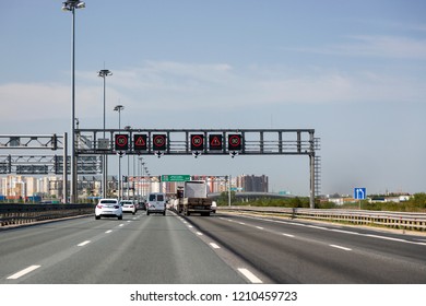 St. Petersburg, Russia - August 09, 2018: E 105 Motorway In St. Petersburg. Scoreboard Variable Information: 