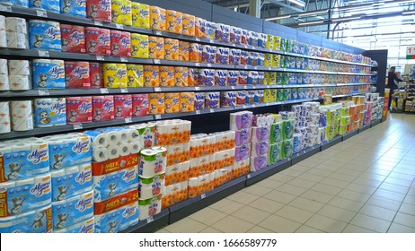 St. Petersburg, Russia - August 12, 2019: Top Supermarket - One Of Largest Players Of Retail Industry In Russia. Rows Of Shelves With Variety Paper Towels And Toilet. Household Chemistry Department.
