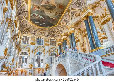 ST. PETERSBURG, RUSSIA - AUGUST 27: Jordan Staircase of the Winter Palace, one of the main highlights of the Hermitage Museum, St. Petersburg, Russia on August 27, 2016