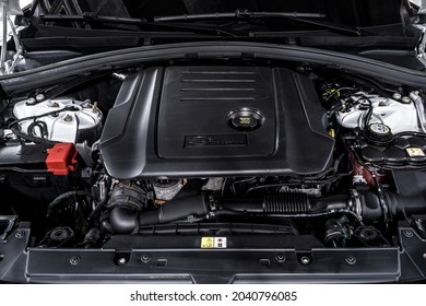 St Petersburg, Russia - August 28, 2021: Land Rover Range Rover Velar I Engine