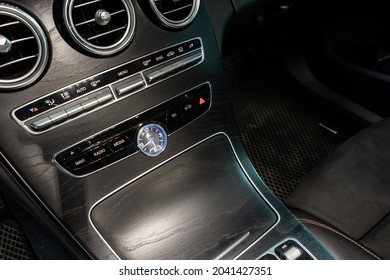 St Petersburg, Russia - August 28, 2021: Mercedes-Benz C-Class AMG 450 AMG IV W205 Central Console, Analog Watch