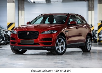 St Petersburg, Russia - August 28, 2021: Jaguar F-Pace I Front View, Three Quarters View, Headlight Off