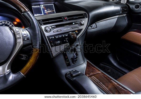St Petersburg, Russia\
- August 28, 2021: Lexus RX 350 III Restyling multimedia system,\
display, shift knob, central console, climatic control panel,\
dashboard, glove box