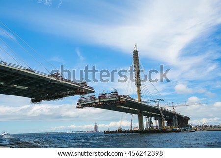 ST. PETERSBURG, RUSSIA : Construction of the bridge across river Neva as part of the Western High Speed Diameter. This toll highway will connect the southwest of city with the Ring Road
