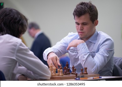 ST. PETERSBURG, RUSSIA - DECEMBER 28, 2018: World Chess Champion Magnus Carlsen, Norway competes in King Salman World Rapid Chess Championship 2018. Eventually he took 5th place