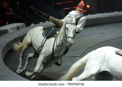 ST. PETERSBURG, RUSSIA - DECEMBER 28, 2017: Circus Horse Riders From  Alexandrov-Serge Dynasty On Premiere Of The Show Snow Queen By Great Moscow Circus. The Show Created By Zapashny 