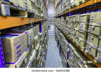 St. Petersburg, Russia - December 3, 2013: Boxes Of Stored Records In Warehouse, Secure Document Storage Facility.