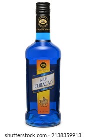 ST. PETERSBURG, RUSSIA - FEBRUARY 23, 2022: Bottle of Orlando Liqueur Blue Curacao, Germany