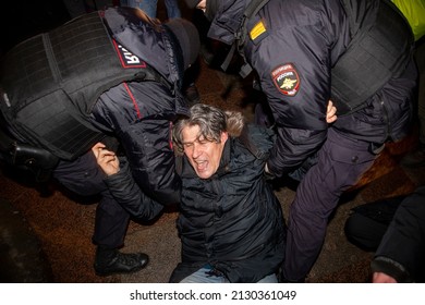 St. Petersburg, Russia - February 24, 2022: violent dispersal of demonstrators at an anti-war rally for peace in Ukraine. Mass detentions of participants.