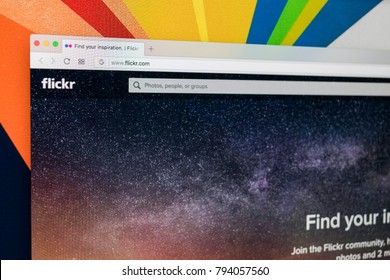 St Petersburg, Russia ,January 11, 2018: Apple iMac with Flickr homepage on monitor screen. Flickr is the video hosting network website. Homepage of Flickr.com on PC computer.
