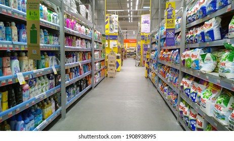 St. Petersburg, Russia - January 20, 2021: Top Russian Supermarket is one of largest players of retail industry in Russia. Shelves with Detergent, washing powder, soap-powder. Rack. Deflation concept.
