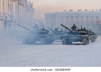 ST. PETERSBURG, RUSSIA - JANUARY 24, 2019: Russian tanks T-72B3 on Palace Square. Dress rehearsal of the military parade in honor of the Day of the complete lifting of the siege of Leningrad