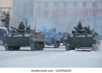 ST. PETERSBURG, RUSSIA - JANUARY 24, 2019: Russian infantry fighting vehicles BMP-3 on the military parade in honor of the Day of the breakthrough of the siege of Leningrad