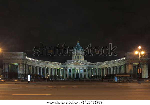 ST. PETERSBURG, RUSSIA - JULY\
13, 2014: Kazan Cathedral in St. Petersburg at night on a long\
exposure. Attraction on the Nevsky Prospect in St.\
Petersburg.