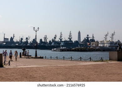 St. Petersburg, Russia - July 16, 2021: Russian Navy Ships At The Pier In Kronstadt