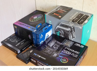 St. Petersburg, Russia - July 17, 2021: Purchased Necessary Parts In Boxes To Assemble New Modern Computer