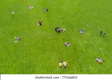 St. Petersburg, Russia, July 21, 2017: Aerial view of the  of the people on the green lawn in the park