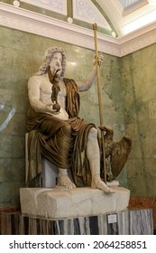 ST. PETERSBURG, RUSSIA - JULY 6, 2021: A marble Roman copy from the statue of Olympian Zeus by the ancient Greek sculptor of the V century BC Phidias. The State Hermitage Museum. Saint-Petersburg.