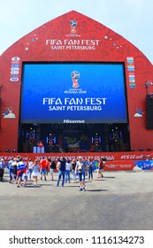 ST. PETERSBURG, RUSSIA - JUNE 18, 2018: Screen Showing FIFA World Cup Games in Russia. Football World Cup 2018 Official Fan Zone with Square for Fans and Screen Streaming Games of Every Team.