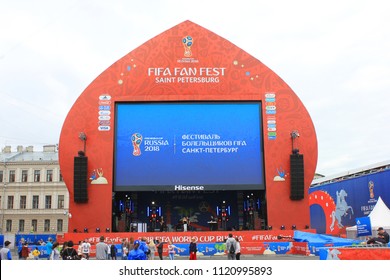 ST. PETERSBURG, RUSSIA - JUNE 18, 2018: FIFA World Cup Russia 2018 Fan Fest Main Stage and Screen. Football World Cup 2018 Official Fan Zone with Big Screen Can Accommodate 15,000 People Every Day.