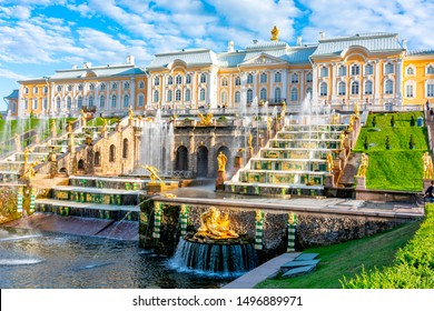 St. Petersburg, Russia - June 2019: Grand Cascade Of Peterhof Palace And Lower Park