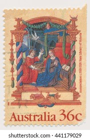 ST. PETERSBURG, RUSSIA - JUNE 22, 2016: A postmark printed in Australia, shows Annunciation, from the Nicholai Joseph Foucault Book of Hours, c.1510-20, circa 1989