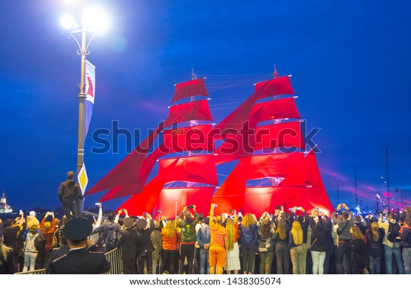 "St. Petersburg Russia - June 24 2019: Scarlet Sails 2019, big prom romantic ship with scarlet sails   on Neva river