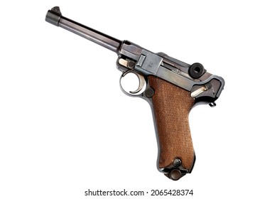 St. Petersburg, Russia, June 29, 2021: Historical reconstruction of World War II. The Luger pistol is a German self-loading pistol, developed in 1898.