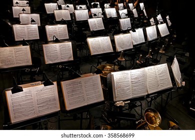 St. Petersburg, Russia - June 7, 2014: Document Stand And Sheet Music In The Orchestra Of The Mariinsky Theatre, The New Hall.