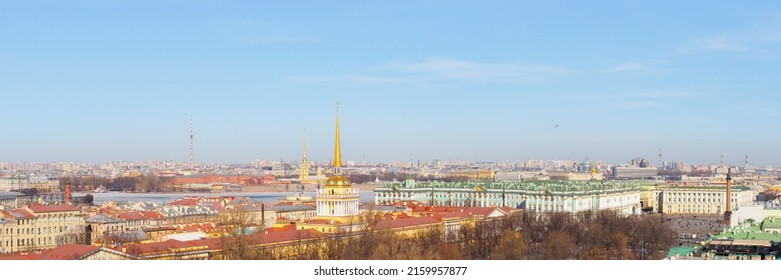 St. Petersburg, Russia - March, 2022:  Aerial Panoramic View Of Admiralty And Hermitage, St Petersburg, Russia. Skyline Of Saint Petersburg, Top View