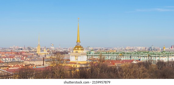 St. Petersburg, Russia - March, 2022:  Aerial Panoramic View Of Admiralty, Hermitage And Peter And Paul Fortress, St Petersburg, Russia. Skyline Of Saint Petersburg, Top View