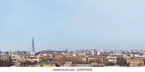 St. Petersburg, Russia - March, 2022:   Skyline Of Saint Petersburg, Panoramic Top View. Aerial Panorama Of St Petersburg, Russia, Skyline Over Building Roofs