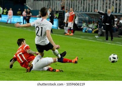 St Petersburg, Russia - March 27, 2018. Russian Striker Fedor Smolov And French Centre-back Laurent Koscielny During Russia Vs France Match In St Petersburg.