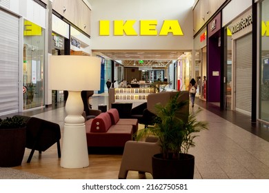 St. Petersburg, Russia - May 27, 2022: Recreation Area In The Mega Dybenko Shopping Center And A Large Ikea Inscription At The Entrance To A Home And Office Furniture Store
